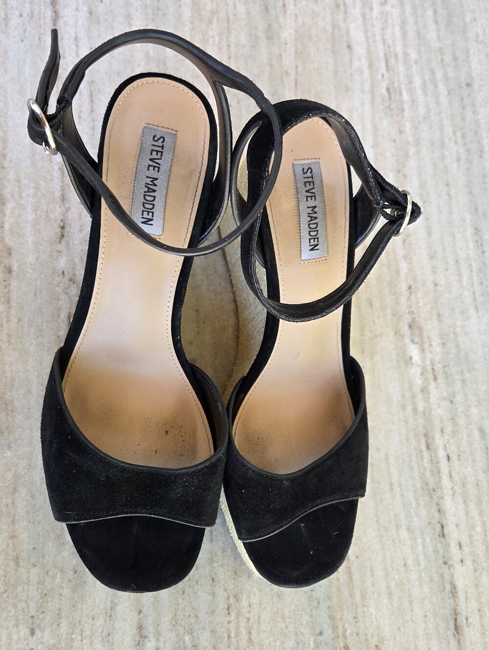Steve Madden Binx Black Suede Wedge Ankle Strap Sandals Size 11 - Picture 2 of 9